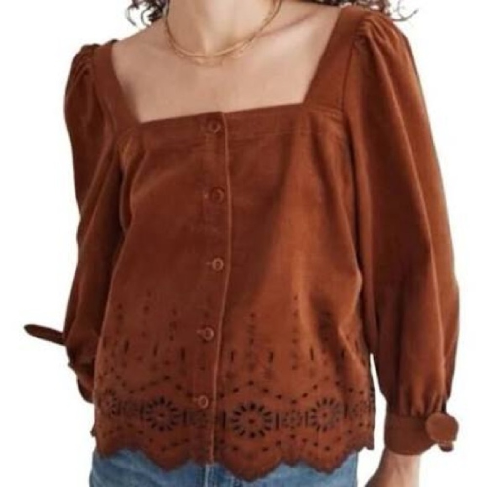 Madewell Rust Brown Square-Neck Eyelet Button Blouse